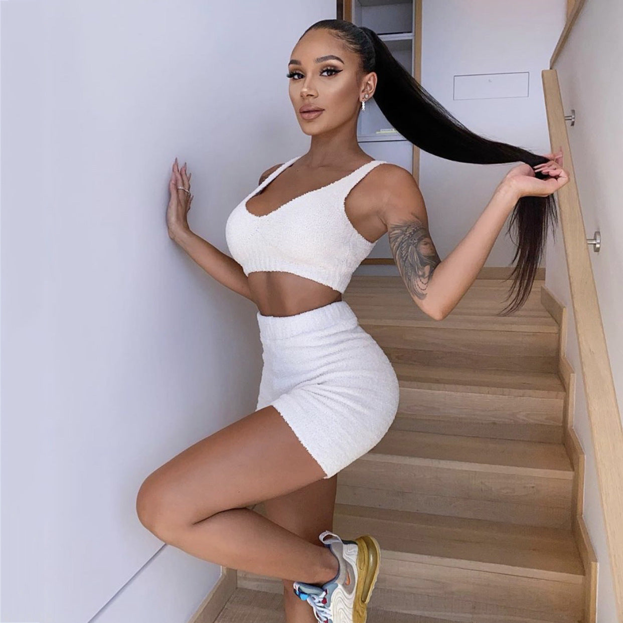 3pcs Womens Long Sleeve Crop Tank Top And Drawstring Shorts Pajama Set