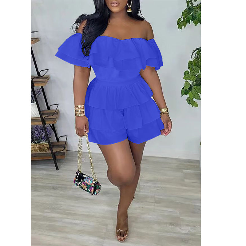 Womens Sexy Off Shoulder Rompers Summer Ruffle Short Sleeve Tiered Short Jumpsuits