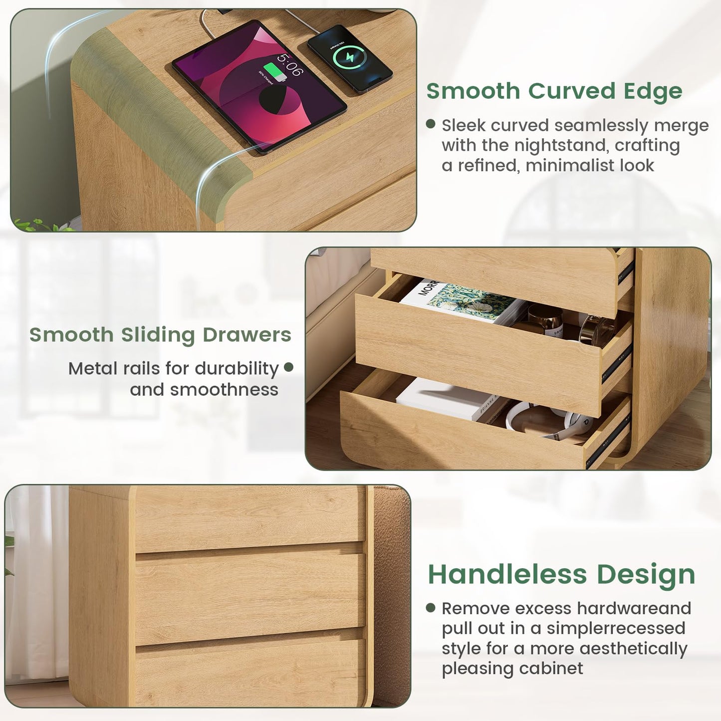 2Pc Set-Natural Curved Nightstands with Charging Station