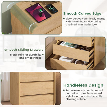 2Pc Set-Natural Curved Nightstands with Charging Station