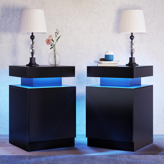 Set of 2 Nightstands with LED Light and Storage