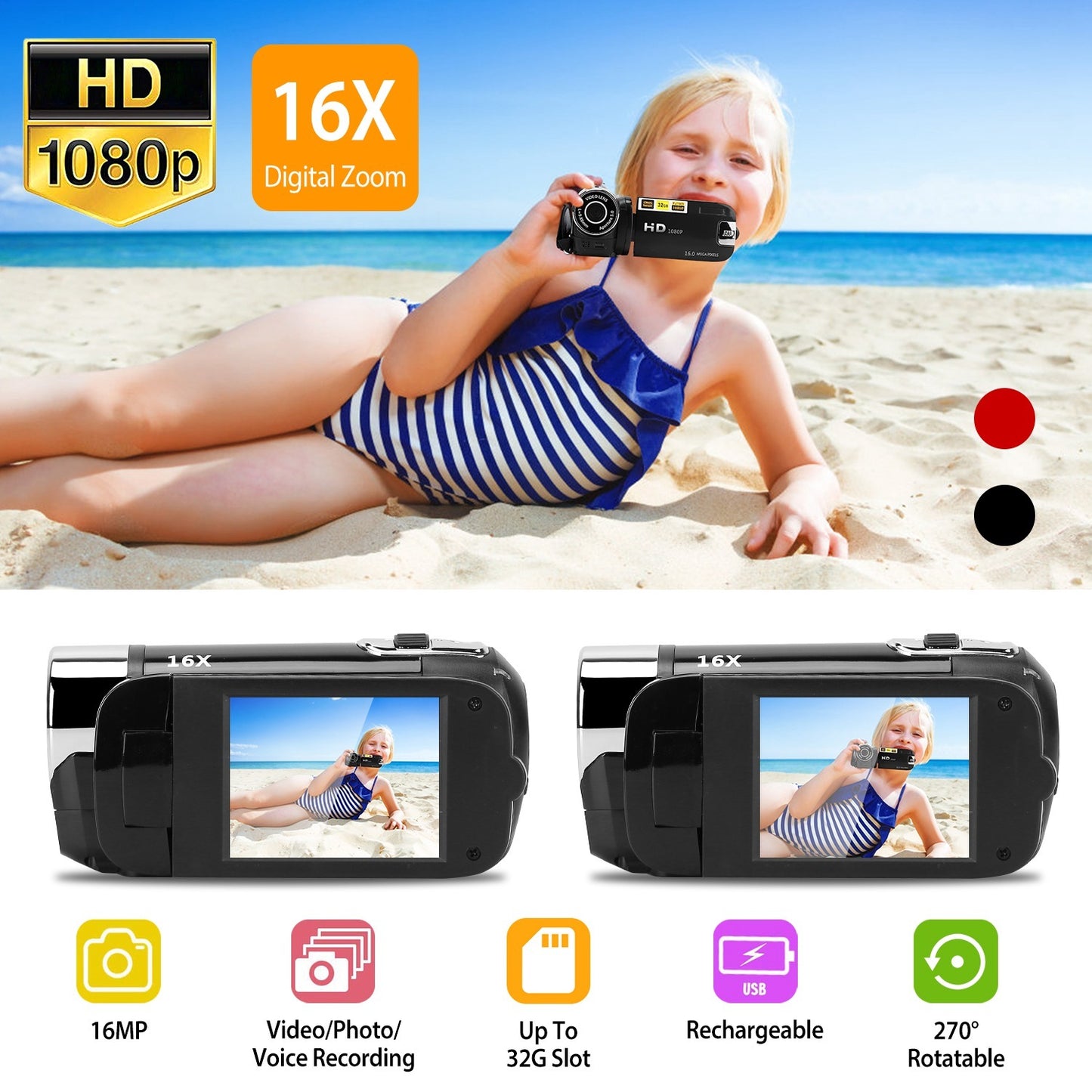 Black-Red Options - 1Pc HD 1080P Digital Video Camcorder 2.7in 16X Zoom DV Camera 270 Degree Rotation Rechargeable Kid Camera With Fill Light Selfie