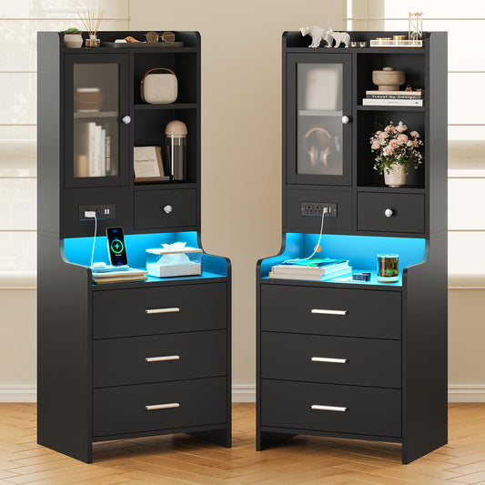 Set of 2-Tall Night Stands with LED Light and Charging Station