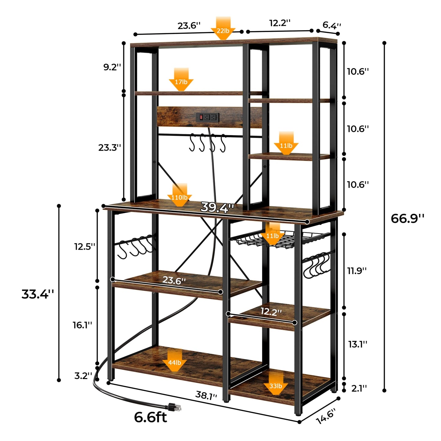 Large 6-Tier Bakers Rack with Power Outlets