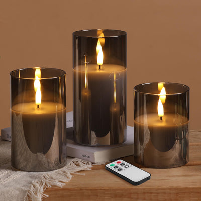 3Pc Smoke Grey Glass Flameless Pillar Candles with Remote, Flickering LED Battery Candles