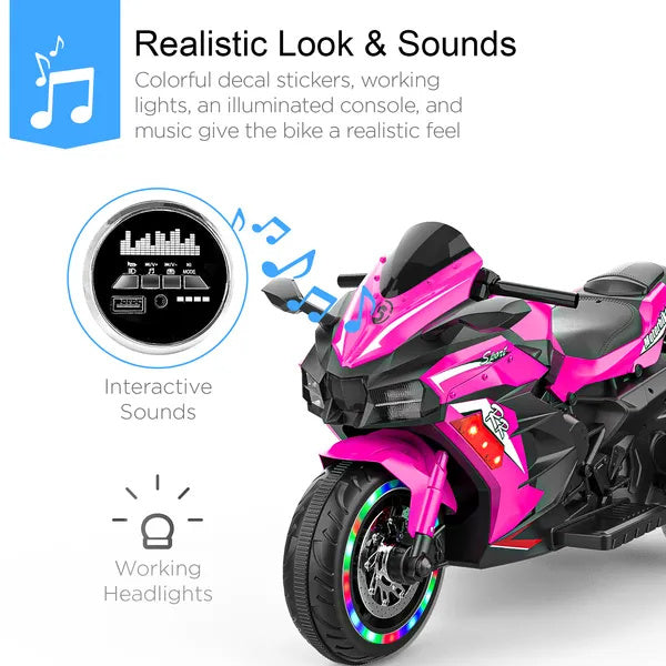 Kids Motorcycle For 3-6 Years 12V Electric Ride On With Light Wheel & Bluetooth