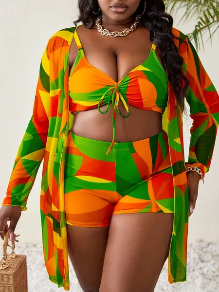 3Pc Multi-Color Patchwork Printed V-Neck Swimsuit