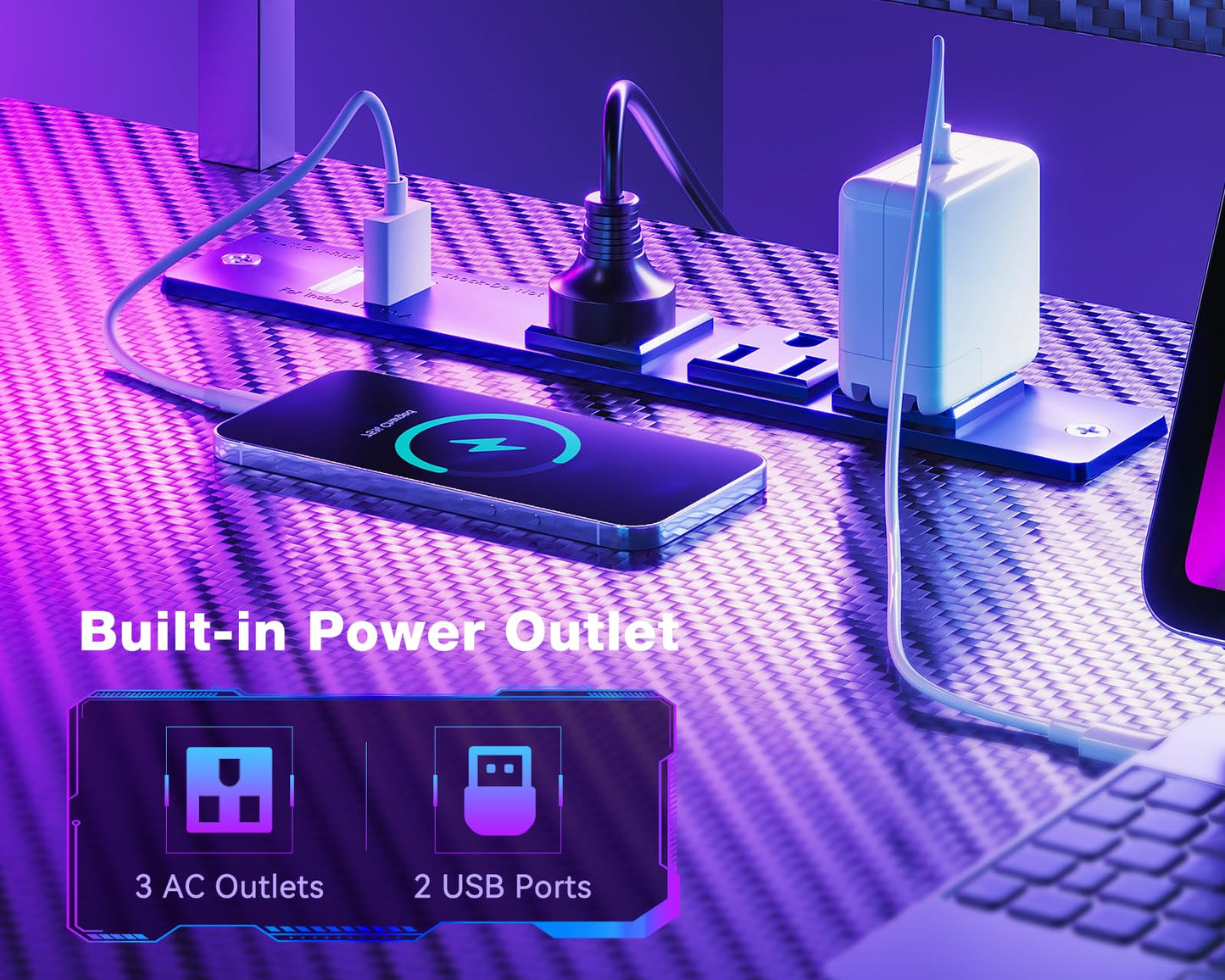 L-Shaped Gaming Desk with Power Outlet and LED Lights