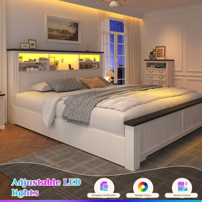 King Bed Frame, Headboard & Storage, with Drawers and Built-in LED Charging Station