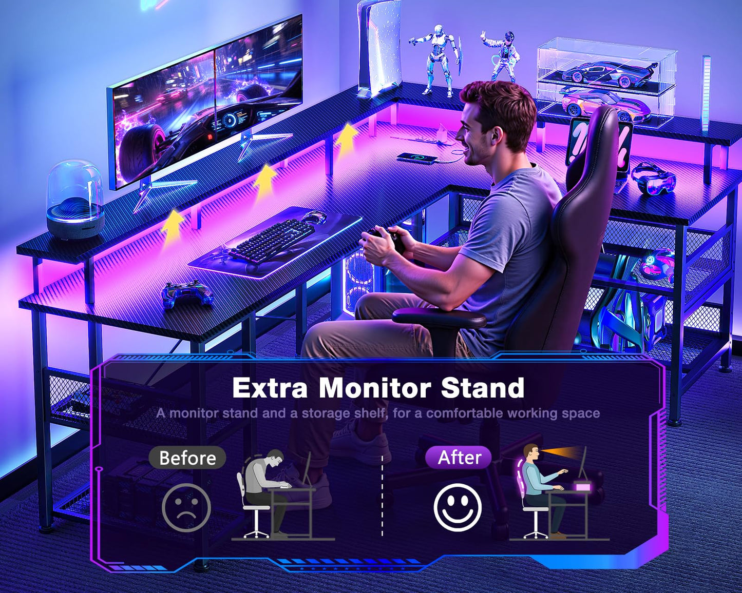 L-Shaped Gaming Desk with Power Outlet and LED Lights