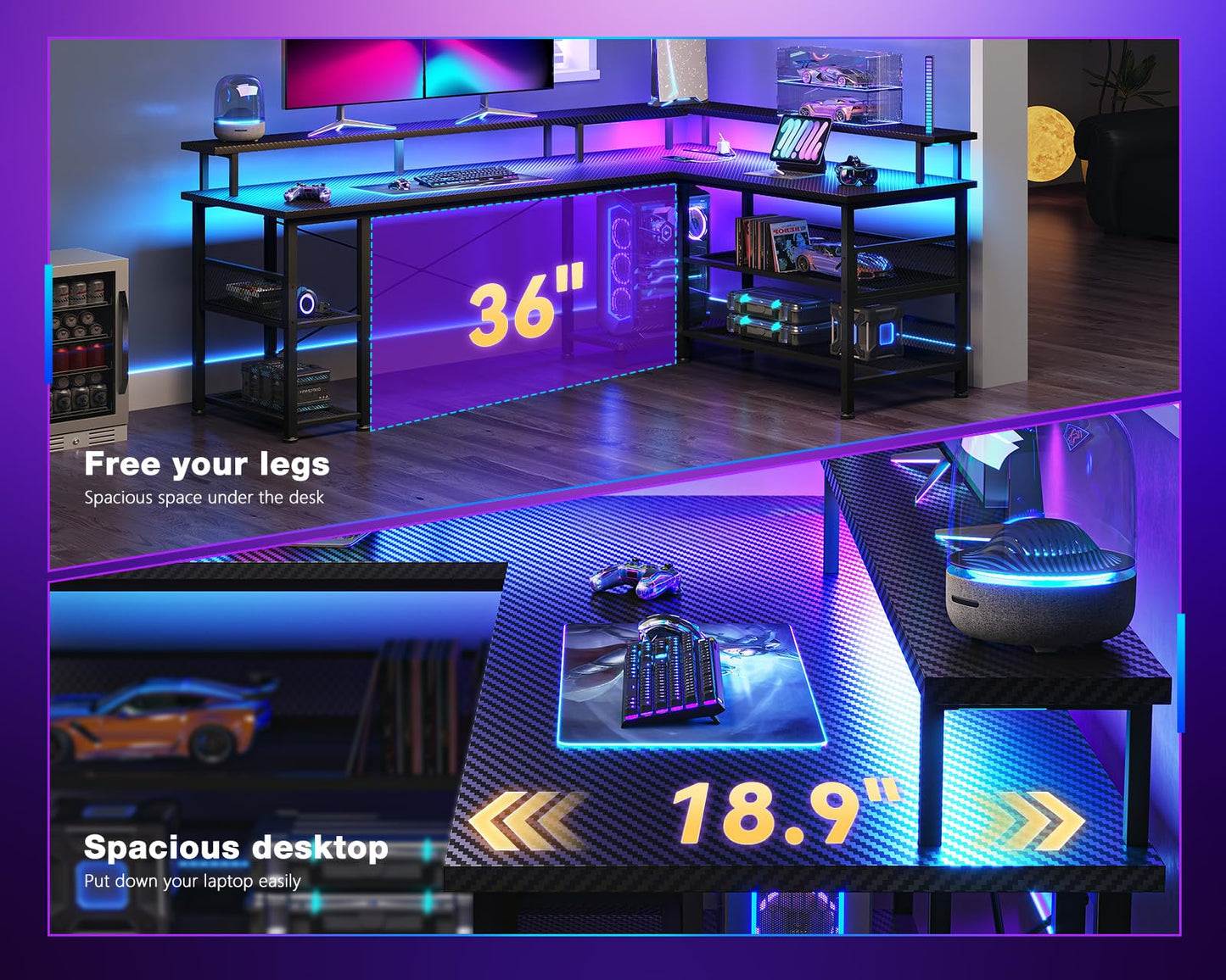 L-Shaped Gaming Desk with Power Outlet and LED Lights