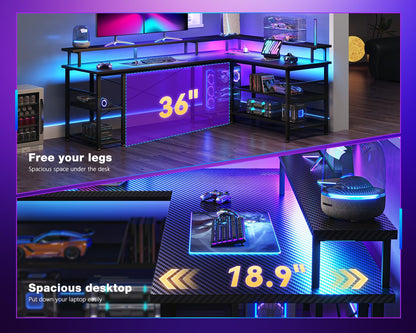 L-Shaped Gaming Desk with Power Outlet and LED Lights