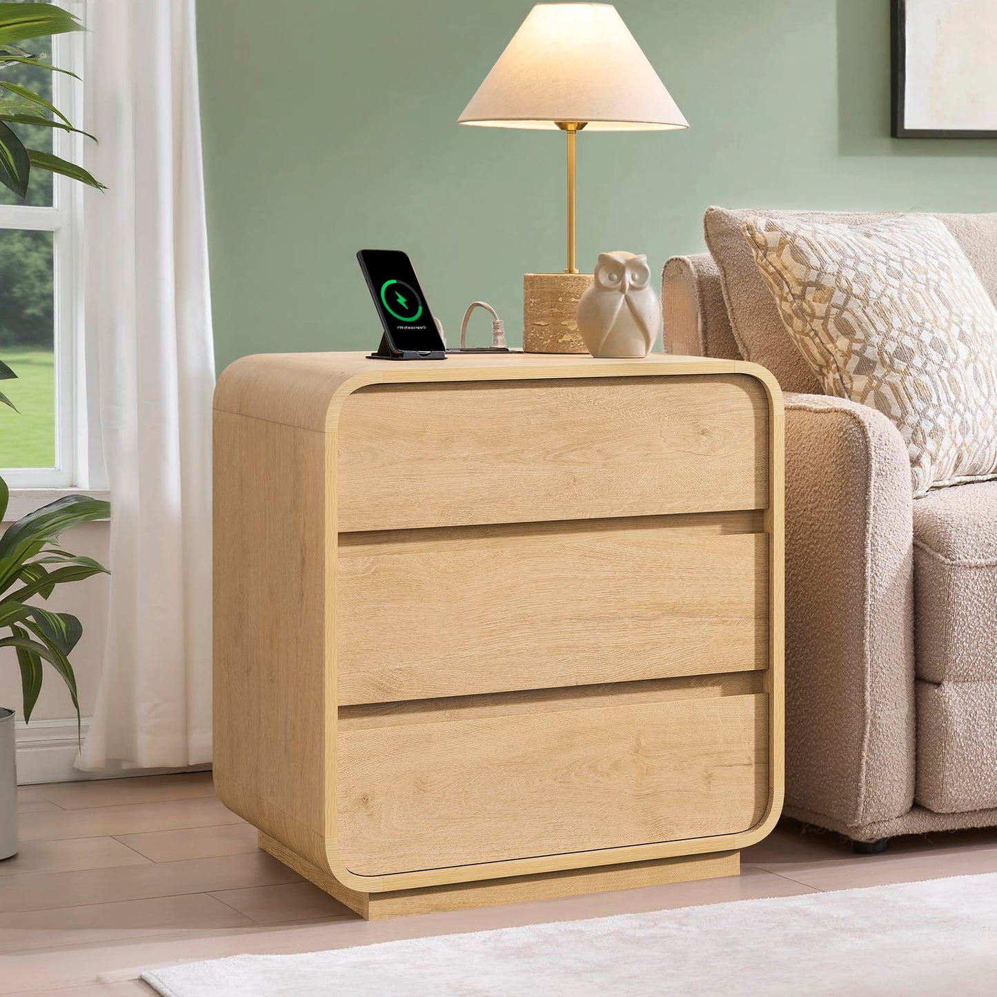 2Pc Set-Natural Curved Nightstands with Charging Station
