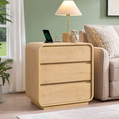2Pc Set-Natural Curved Nightstands with Charging Station