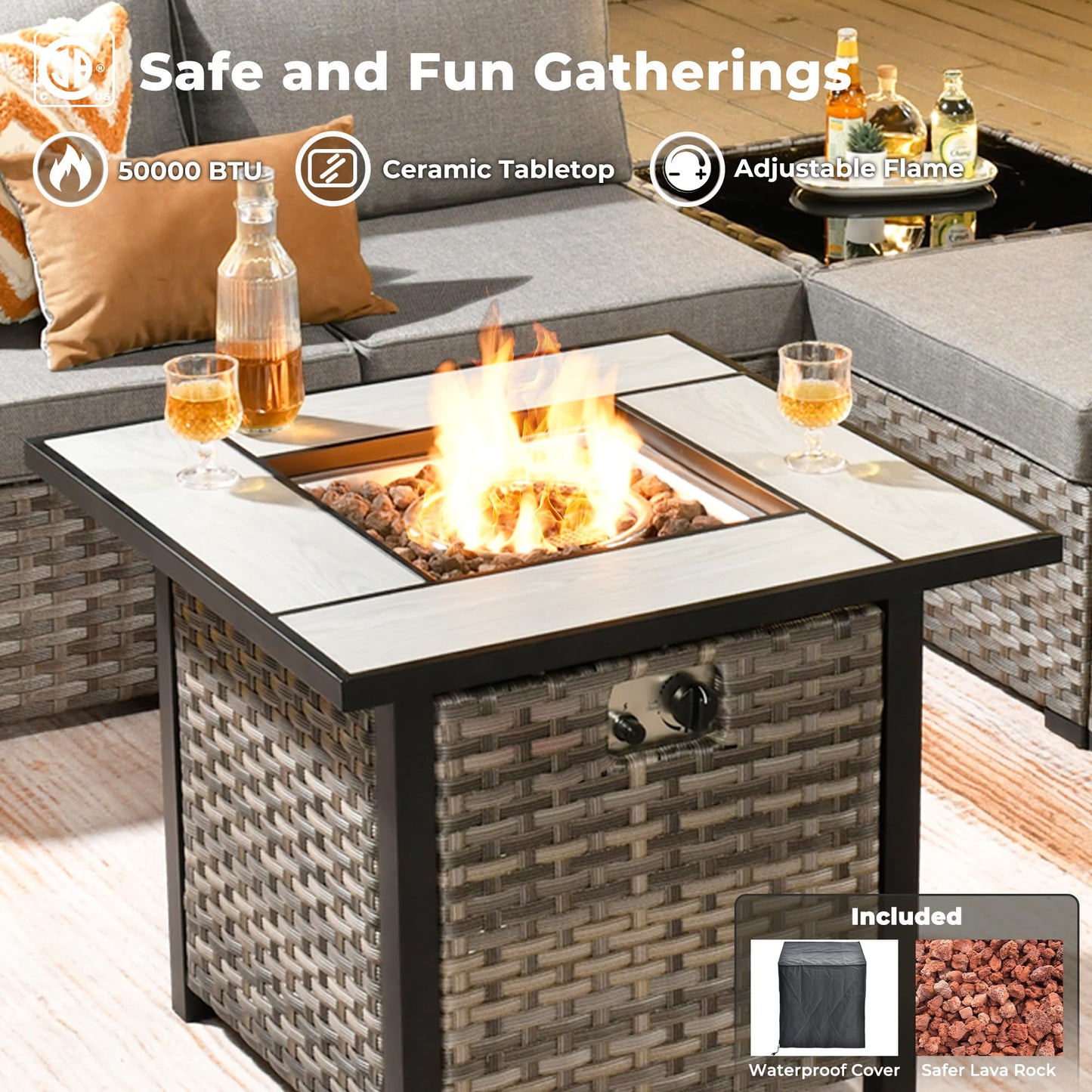 10 Pieces Patio Furniture Set, Outdoor Wicker Sectional Sofa with 30" Fire Pit Table & Swivel Chairs