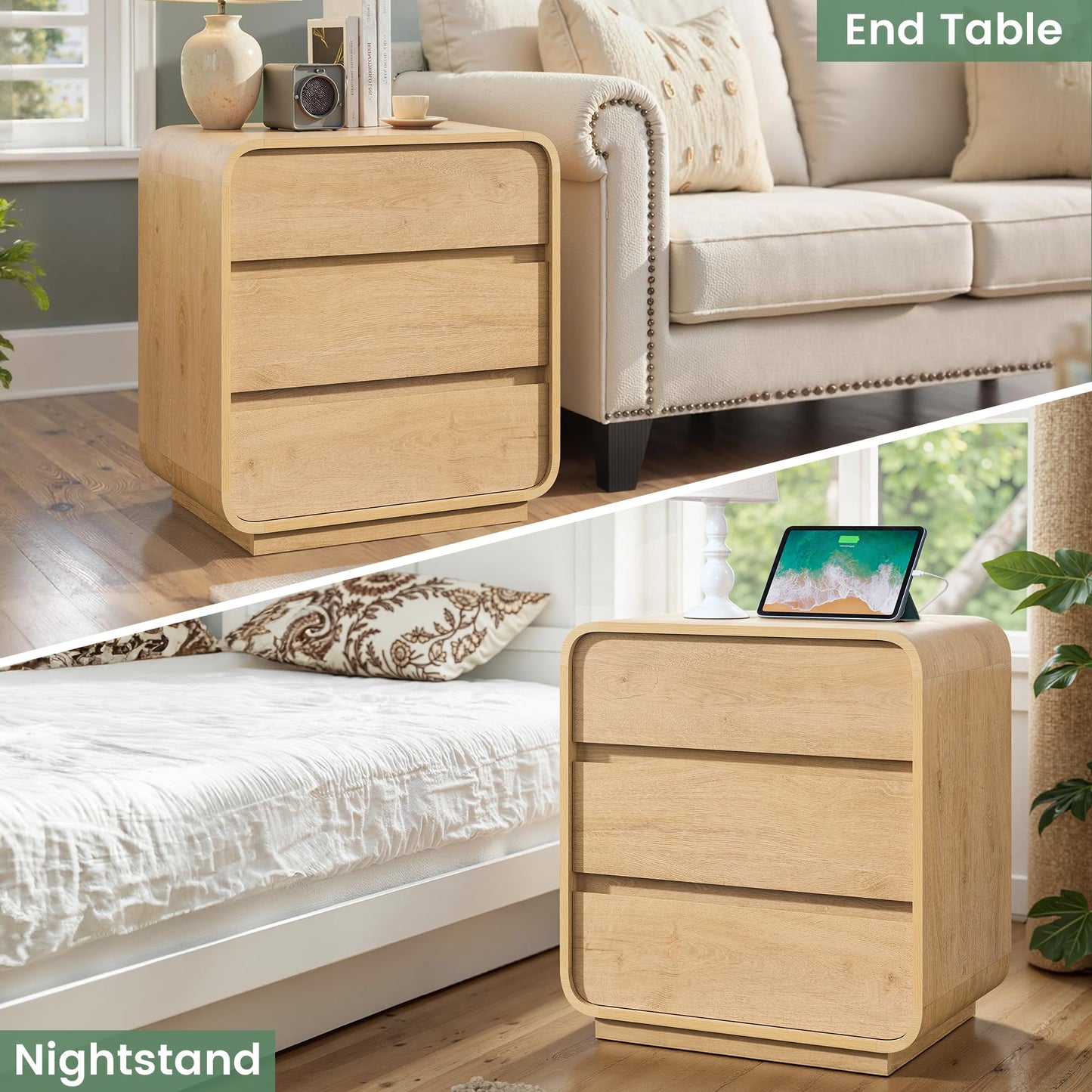 2Pc Set-Natural Curved Nightstands with Charging Station