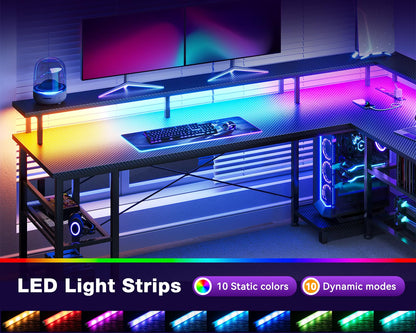 L-Shaped Gaming Desk with Power Outlet and LED Lights