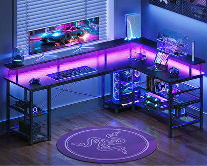 L-Shaped Gaming Desk with Power Outlet and LED Lights