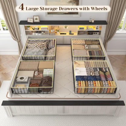 King Bed Frame, Headboard & Storage, with Drawers and Built-in LED Charging Station