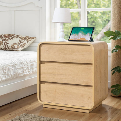 2Pc Set-Natural Curved Nightstands with Charging Station