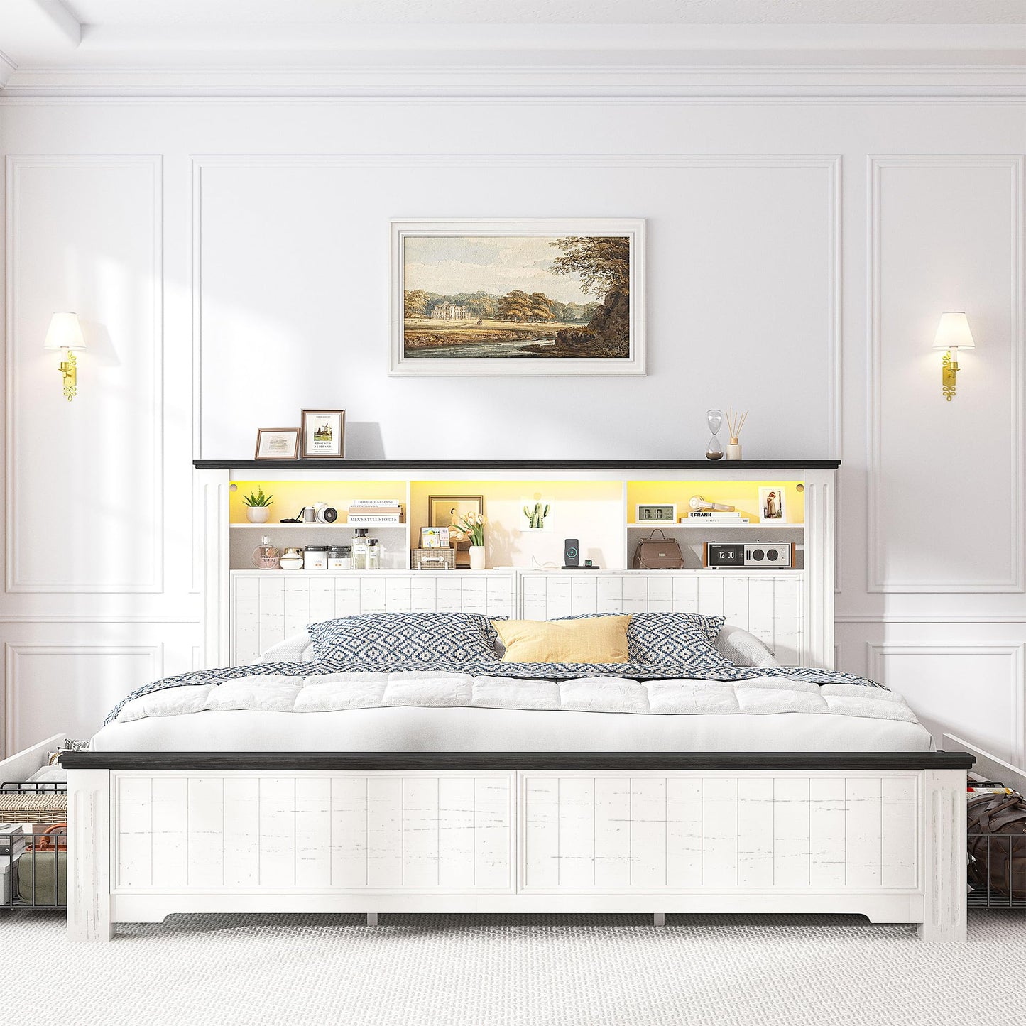 King Bed Frame, Headboard & Storage, with Drawers and Built-in LED Charging Station