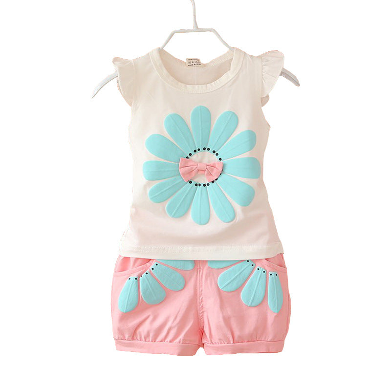 Korean children's clothing summer clothes girls summer cartoon flower vest suit 0-4 years old baby girl shorts two-piece suit trendy