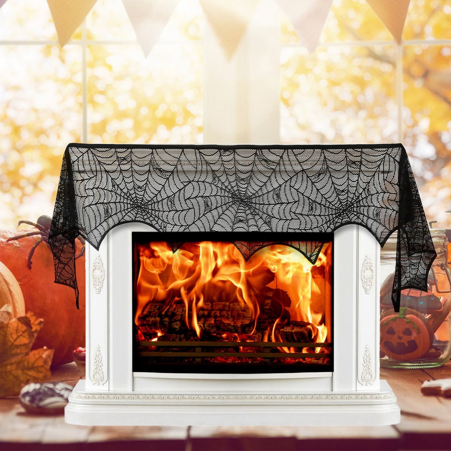 Halloween Decoration Black Lace Spiderweb Fireplace Mantle Scarf Cover Festive Party Supplies Fireplace Scarf 96 X 18 Inch For Halloween Christmas Party Door Window Decoration