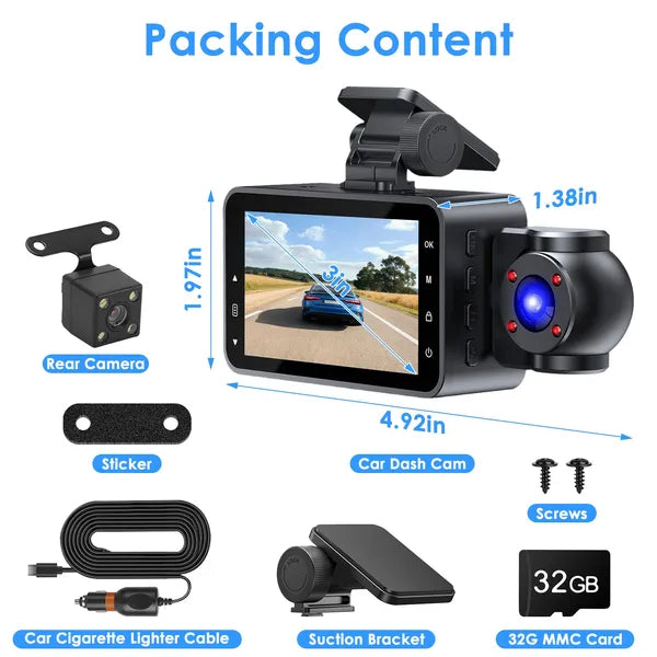 3 Channel Car Dash Cam With 32G MMC Card