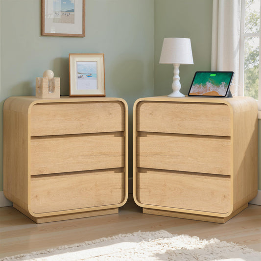 2Pc Set-Natural Curved Nightstands with Charging Station