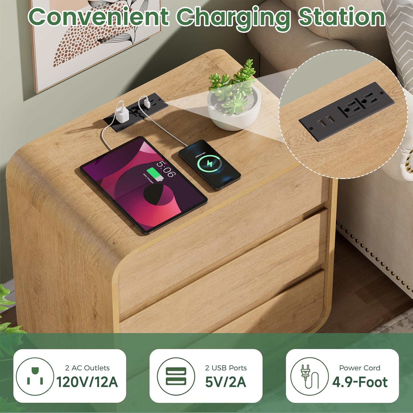 2Pc Set-Natural Curved Nightstands with Charging Station