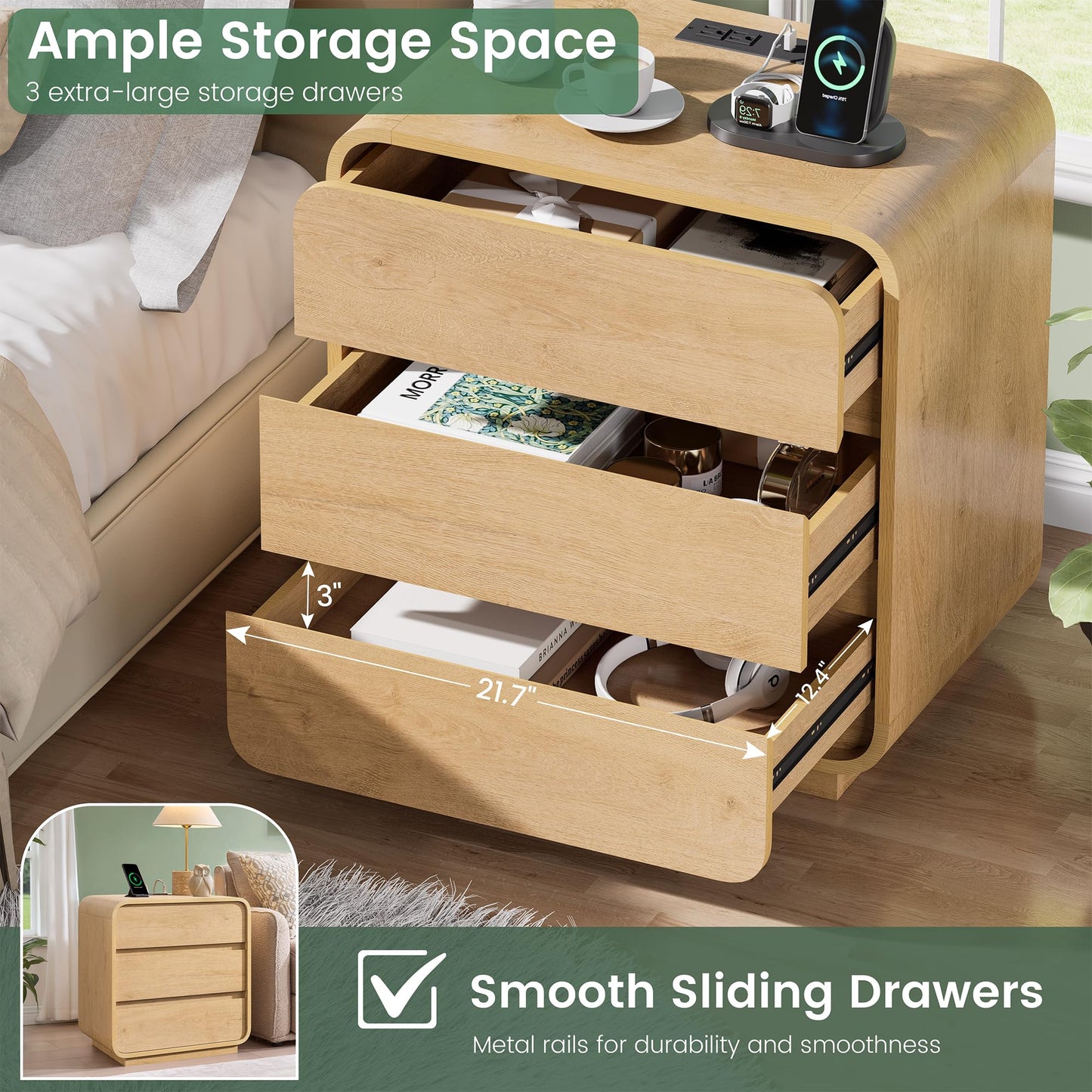 2Pc Set-Natural Curved Nightstands with Charging Station