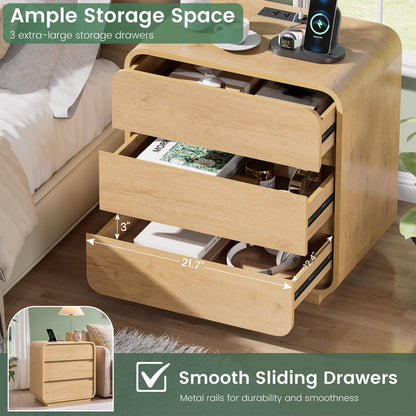 2Pc Set-Natural Curved Nightstands with Charging Station