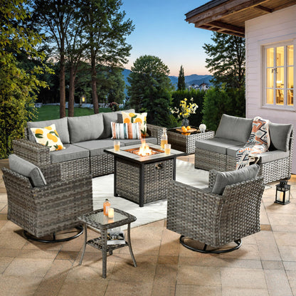 10 Pieces Patio Furniture Set, Outdoor Wicker Sectional Sofa with 30" Fire Pit Table & Swivel Chairs