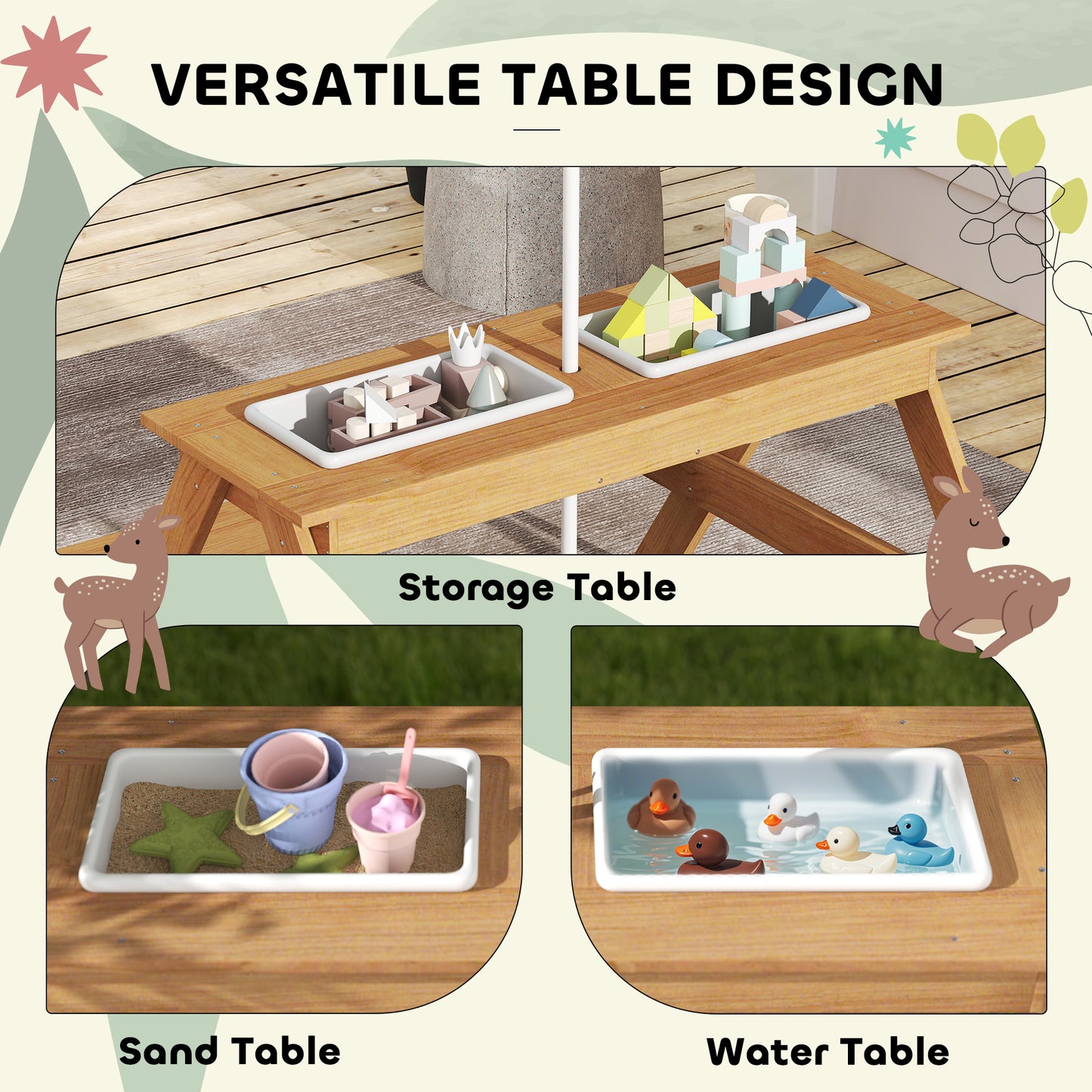 Wooden Outdoor Kids Picnic Table With Removable Umbrella