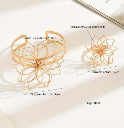 Women's Fashion Jewelry Set, Lattice Flower Ring and Bracelet With Inlaid Lattice Line Flower