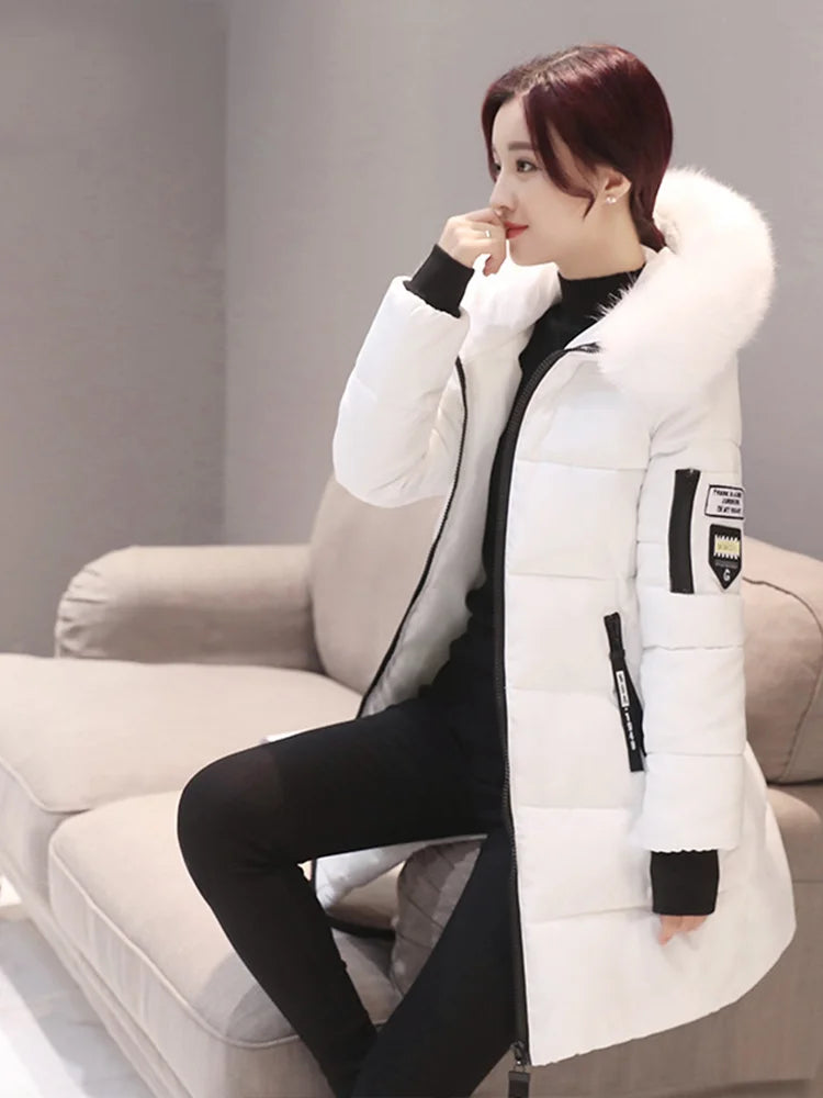 Women Winter Fur Collar Hooded Parka Coat