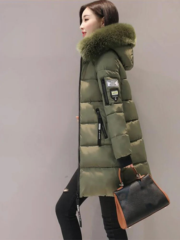 Women Winter Fur Collar Hooded Parka Coat