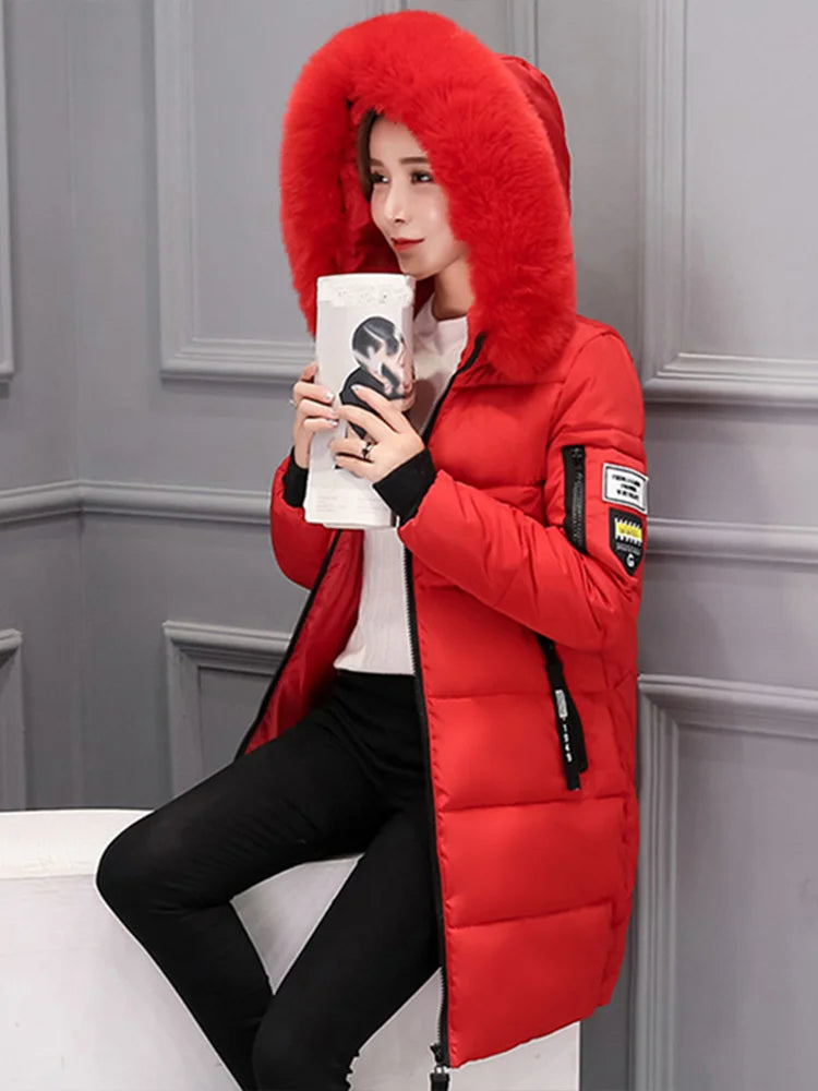 Women Winter Fur Collar Hooded Parka Coat