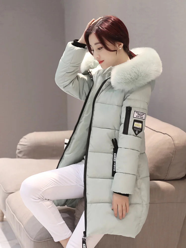 Women Winter Fur Collar Hooded Parka Coat