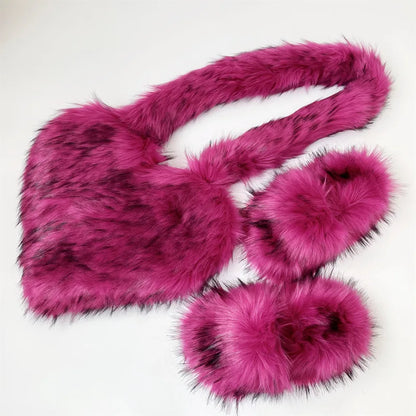 Fashion Winter Purses and Handbags Luxury Fur Heart Purse and Shoe Sets