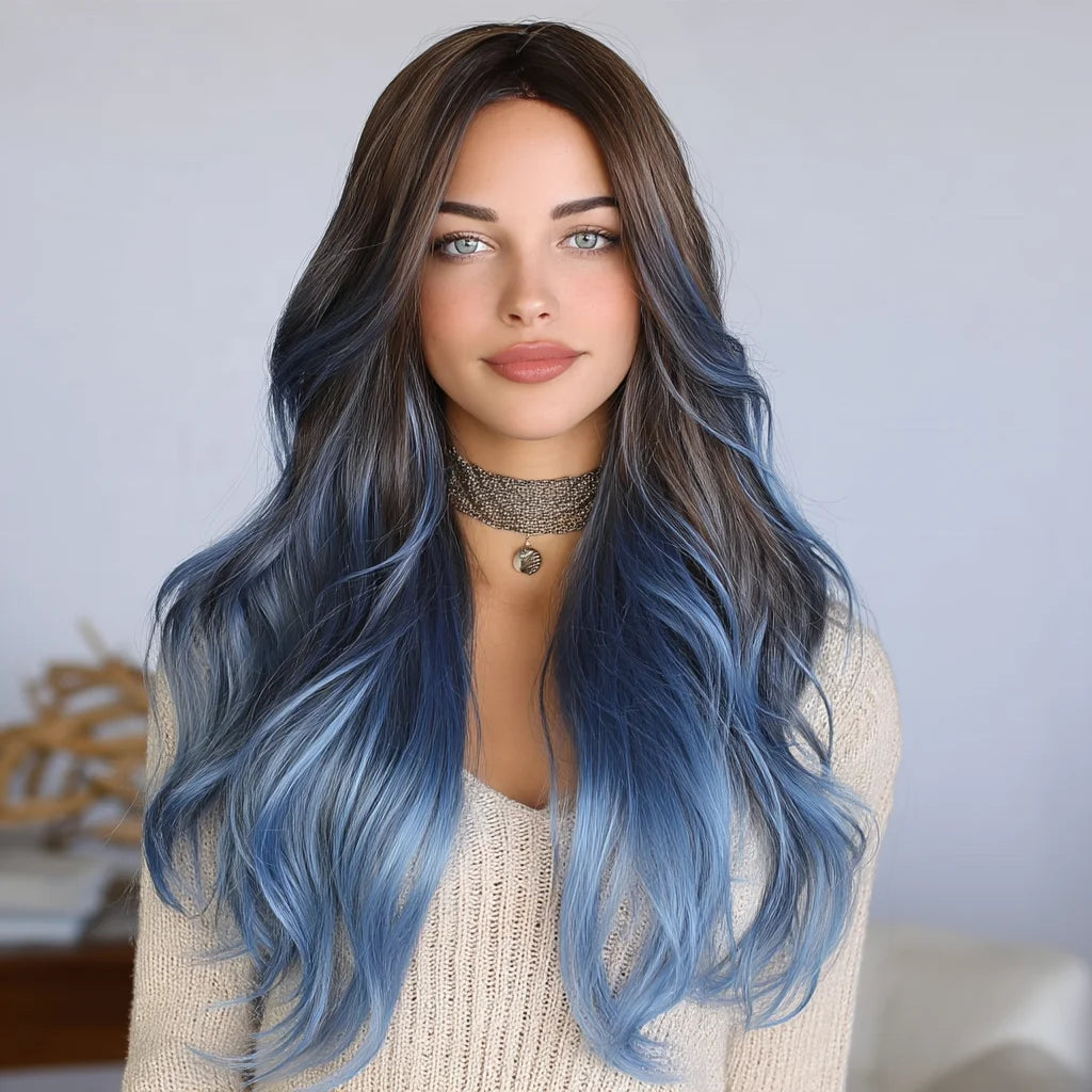 28-Inch Light Blue Highlights Micro-Volume Natural Bang Wig