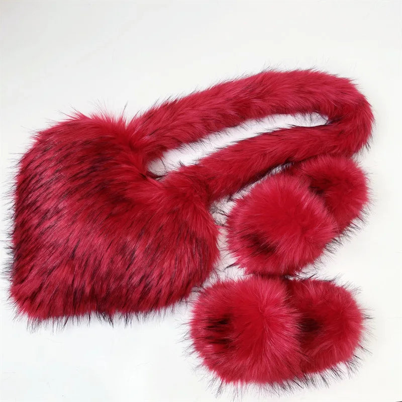 Fashion Winter Purses and Handbags Luxury Fur Heart Purse and Shoe Sets