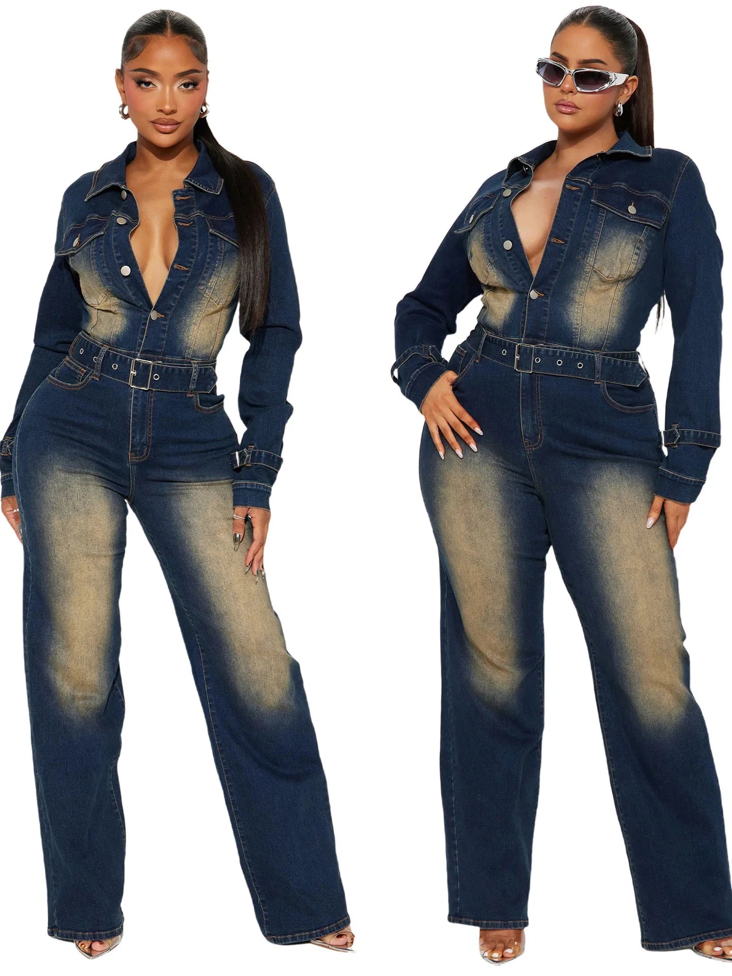 Women's Casual Washed Denim Jumpsuits