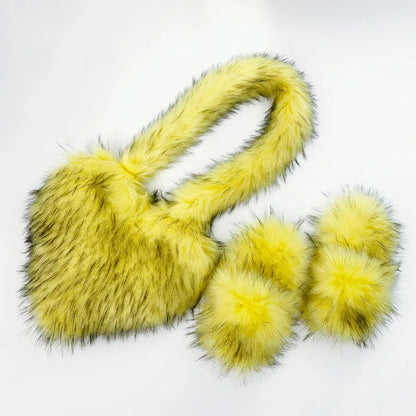 Fashion Winter Purses and Handbags Luxury Fur Heart Purse and Shoe Sets