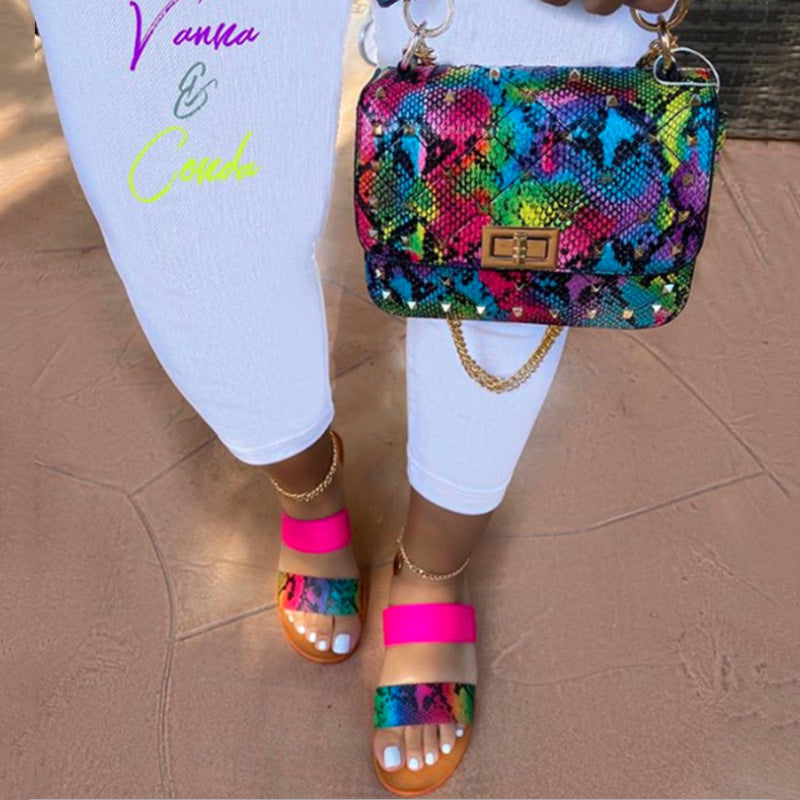 Colorful Snake Printing Purses and Sandals Set