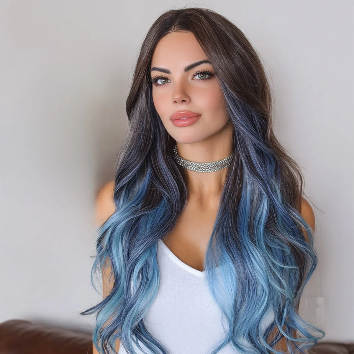 28-Inch Light Blue Highlights Micro-Volume Natural Bang Wig