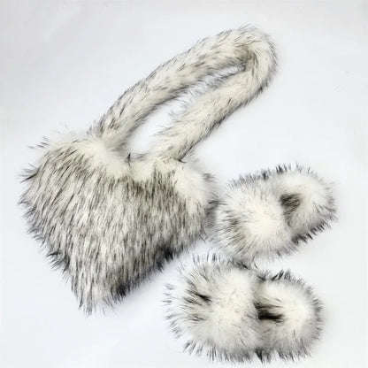 Fashion Winter Purses and Handbags Luxury Fur Heart Purse and Shoe Sets