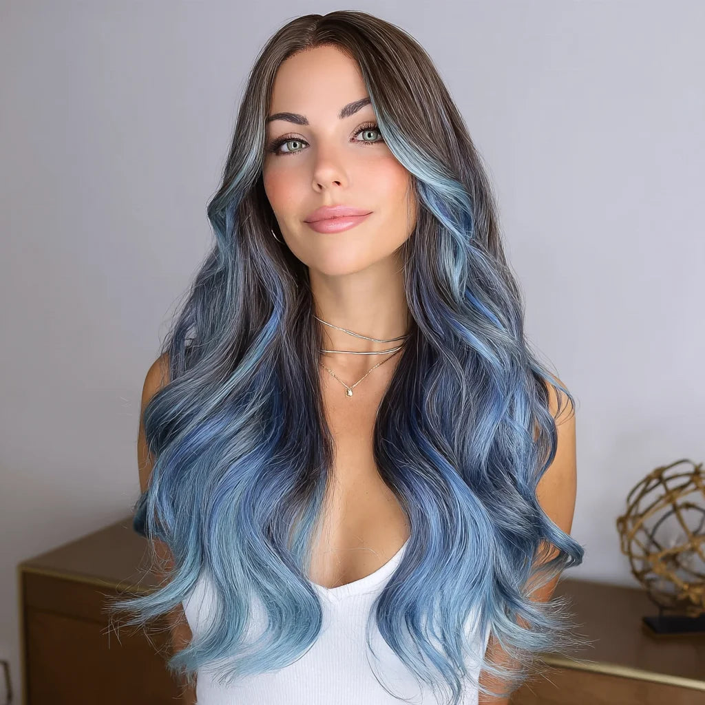 28-Inch Light Blue Highlights Micro-Volume Natural Bang Wig