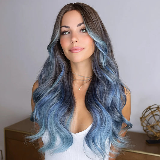 28-Inch Light Blue Highlights Micro-Volume Natural Bang Wig