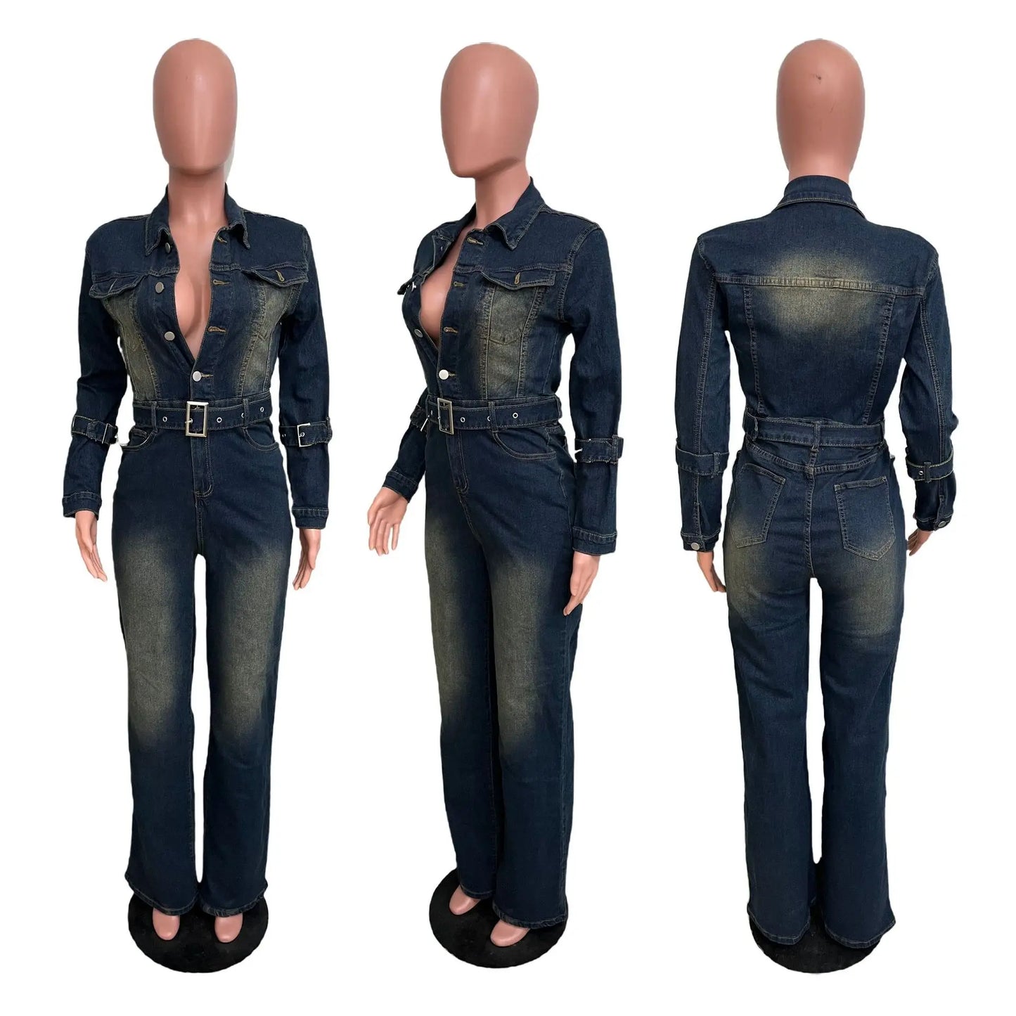 Women's Casual Washed Denim Jumpsuits